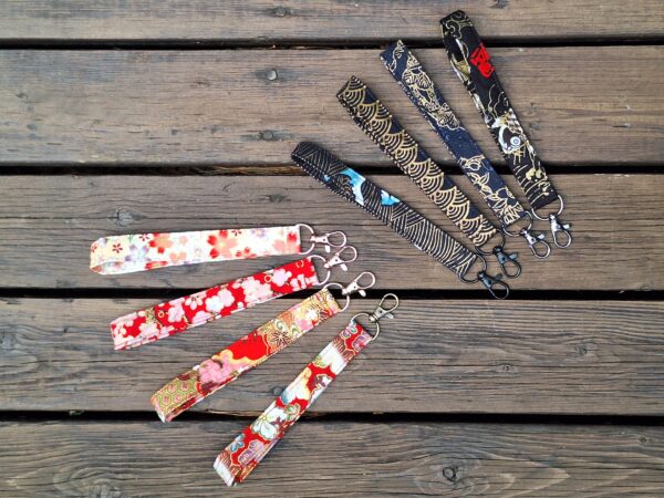 Handmade Wristlet Keychain – Japanese Style Cotton Fabric Strap (Red & Black Designs) | Made in Canada