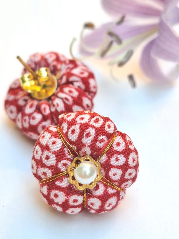 Handmade Kimono Fabric Plum Blossom Earrings – Japanese Floral Studs in White, Red, Lavender