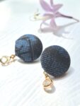 Kimono Fabric Button Earrings with Glass Bead – Handmade Japanese Style Studs, 22mm