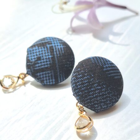 Kimono Fabric Button Earrings with Glass Bead – Handmade Japanese Style Studs, 22mm