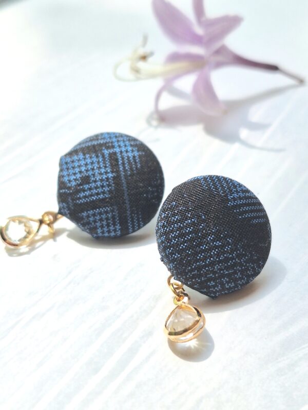 Kimono Fabric Button Earrings with Glass Bead – Handmade Japanese Style Studs, 22mm
