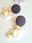 Authentic Kimono Fabric Earrings with White Petal Charms and Pearls – Handmade Japanese Studs