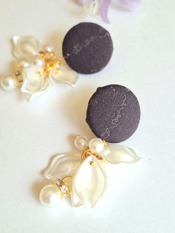 Authentic Kimono Fabric Earrings with White Petal Charms and Pearls – Handmade Japanese Studs