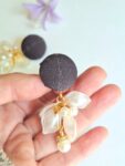 Authentic Kimono Fabric Earrings with White Petal Charms and Pearls – Handmade Japanese Studs