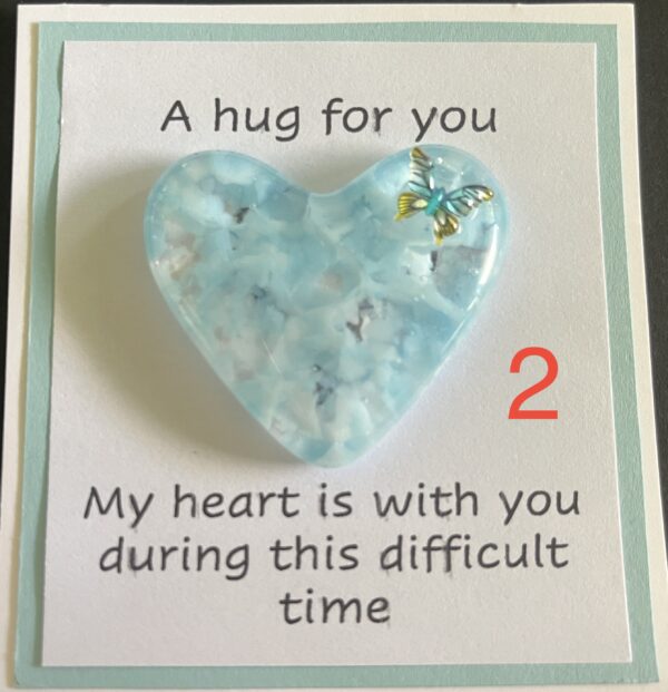 A Hug For You card with medium glass pocket heart "My heart is with you during this difficult time"