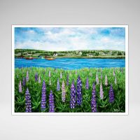 a print of a field of lupines overlooking a harbour to a small village of houses and boats.