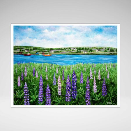 a print of a field of lupines overlooking a harbour to a small village of houses and boats.