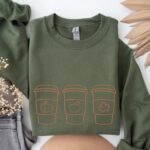 Fall Embroidered Sweatshirt | Cozy Autumn Crewneck with Three Coffee Icons