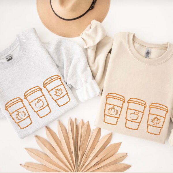 Fall Embroidered Sweatshirt | Cozy Autumn Crewneck with Three Coffee Icons