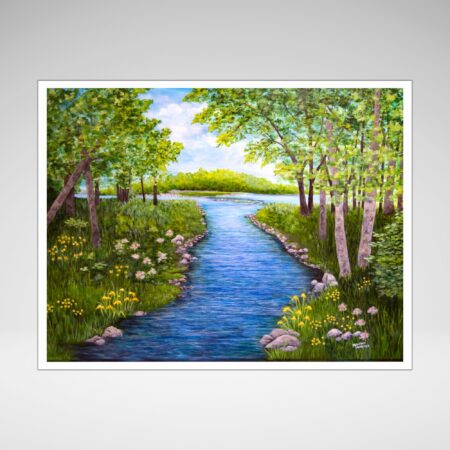 a print of a river flowing through a forest of green lush trees and flowers