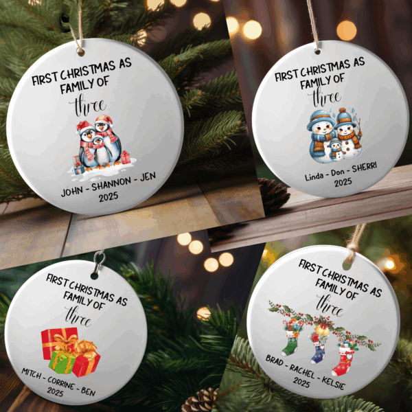 Personalized Family of 3 Christmas Ornaments – Custom First Christmas Keepsake (Double-Sided, Add Names)