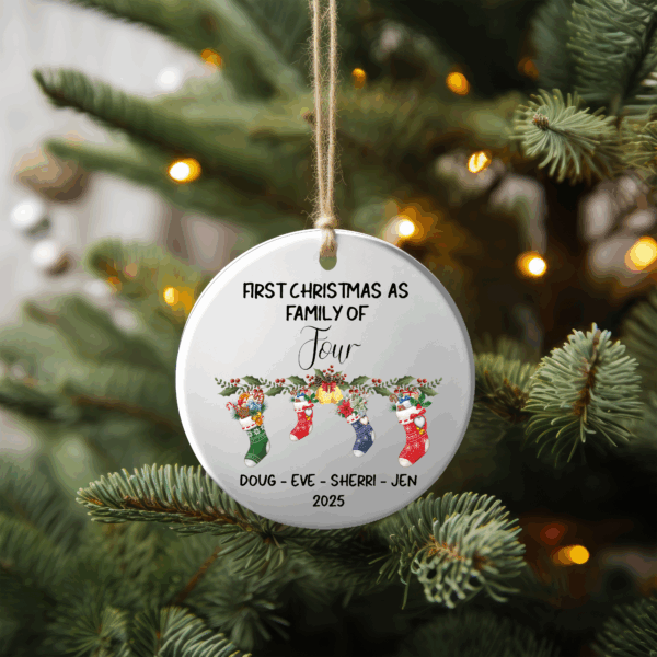 Personalized Family of 4 Christmas Ornaments – Custom First Christmas Keepsake (Double-Sided, Add Names)