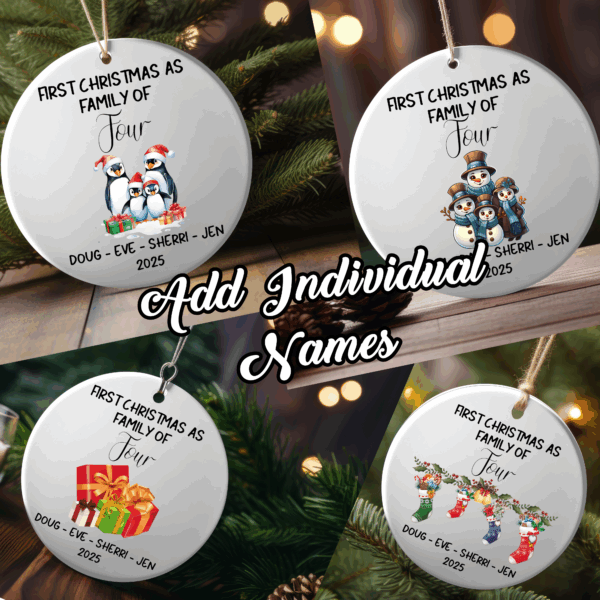 Personalized Family of 4 Christmas Ornaments – Custom First Christmas Keepsake (Double-Sided, Add Names)