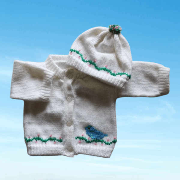 Blue Bird Baby Sweater, Handmade Knitted Baby Sweater, Personalized Baby Sweater