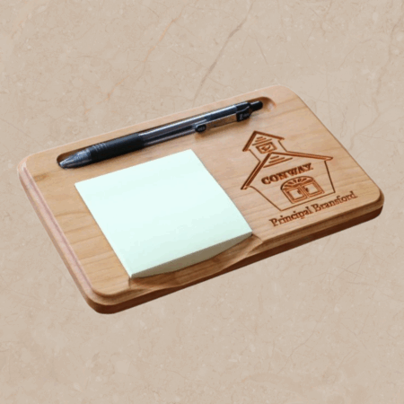 Carved Wooden School Sticky Note Holder: Personalized Notepad & Pen Organizer