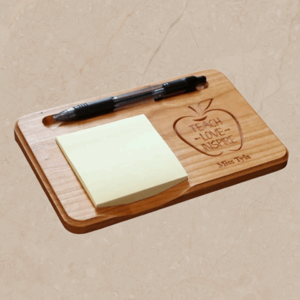 Carved Wooden Teacher Sticky Note Holder: Personalized Notepad & Pen Organizer