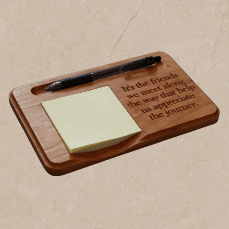 Carved Wooden Friendship Sticky Note Holder: Personalized Notepad & Pen Organizer
