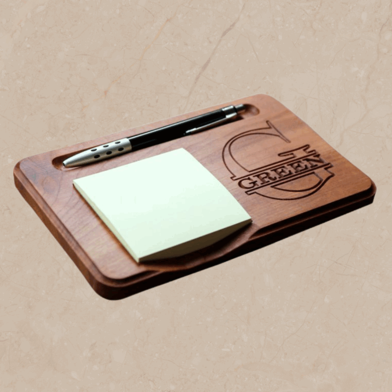Carved Wooden Monogram Sticky Note Holder: Personalized Notepad & Pen Organizer