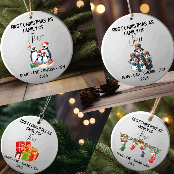 Personalized Family of 4 Christmas Ornaments – Custom First Christmas Keepsake (Double-Sided, Add Names)