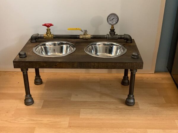 Unique steampunk style raised dog bowl feeder