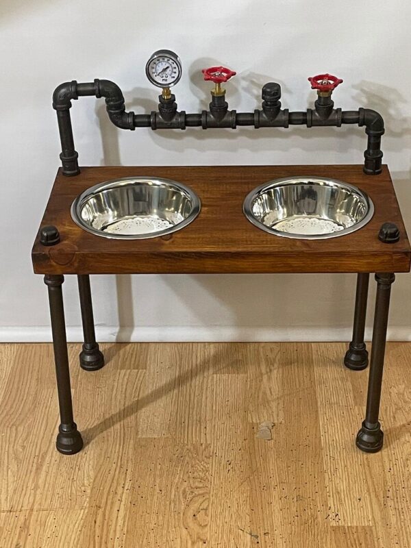 Steampunk Raised Dog Bowl Feeder: Knotty Pine, Industrial Style