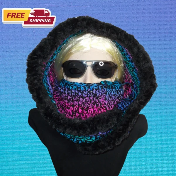 Stylish Black and Polo Stripe Turtleneck Hoodie with Faux Fur Trim for All-Day Comfort