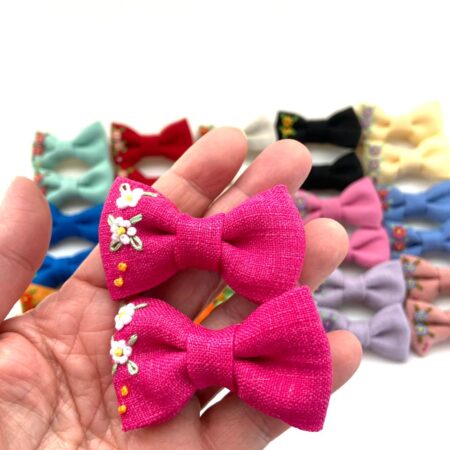 Hand Embroidered Floral Bow Pair – Matching Hair Clips Canada (5 cm)