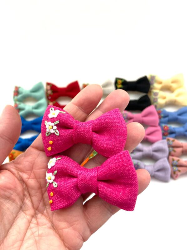 Hand Embroidered Floral Bow Pair – Matching Hair Clips Canada (5 cm)