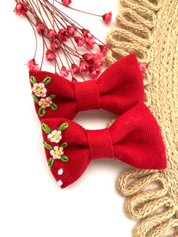 Hand Embroidered Floral Bow Pair – Matching Hair Clips Canada (5 cm)