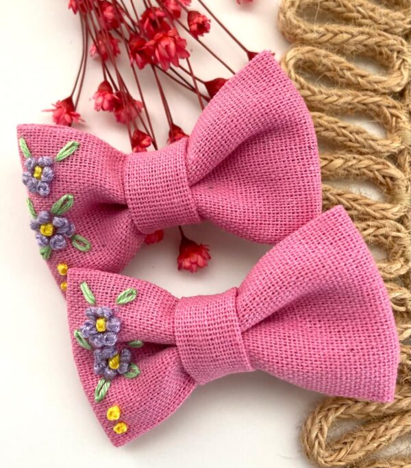 Hand Embroidered Floral Bow Pair – Matching Hair Clips Canada (5 cm)