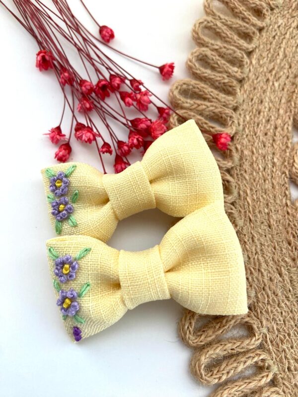 Hand Embroidered Floral Bow Pair – Matching Hair Clips Canada (5 cm)