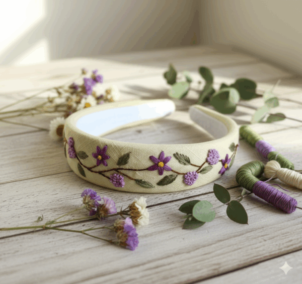 Hand Embroidered Linen Headband – Floral Handmade Hair Accessory – Autumn Fall Style – Free Shipping Canada