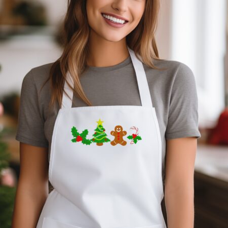 festive apron white embroidered with images on front