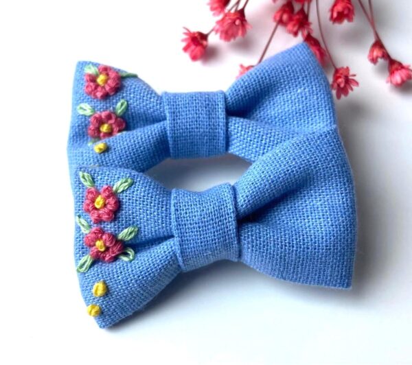 Hand Embroidered Floral Bow Pair – Matching Hair Clips Canada (5 cm)