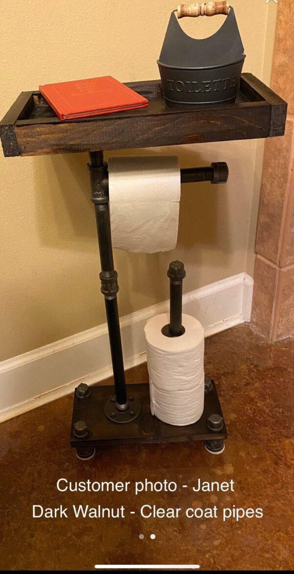 Industrial Toilet Paper Holder Stand: Rustic Bathroom Organizer with Storage Tray