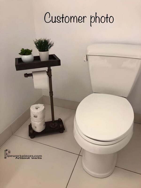 Industrial Toilet Paper Holder Stand: Rustic Bathroom Organizer with Storage Tray
