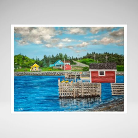 Art print of an original painting of Twillingate, Newfoundland, showing colorful coastal houses, red fishing stages, and bright blue water under a partly cloudy sky