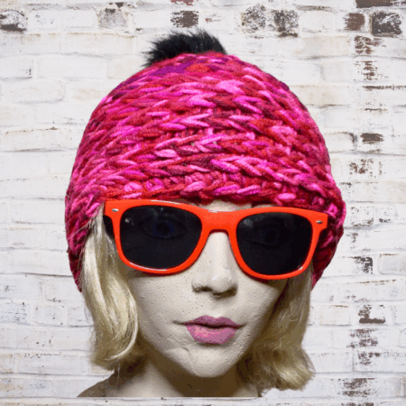 Handcrafted PNW Beanie: Raspberry Ripple Black Fur Pompom