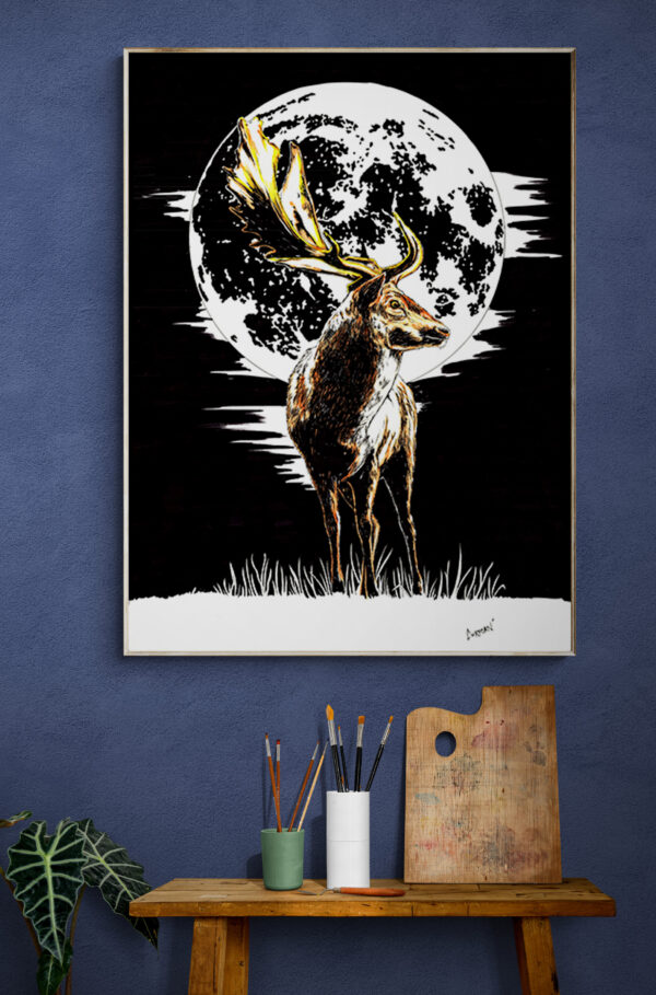 Deer in the Moonlight, Hand drawn Original Wall Art - Digital Download