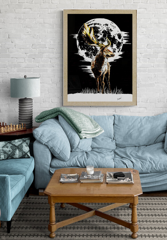 Deer in the Moonlight, Hand drawn Original Wall Art - Digital Download