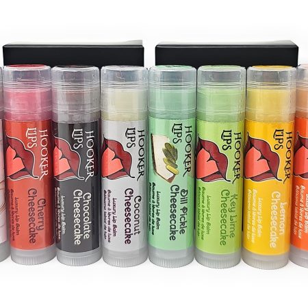 Hooker Lips ~ Luxury Lip Balm: 12 Pack Cheesecake Variety (Made in Canada) Blackberry, Blueberry, Caramel, Cherry, Chocolate, Coconut, Dill Pickle, Key Lime, Lemon, Pumpkin, Raspberry, Strawberry