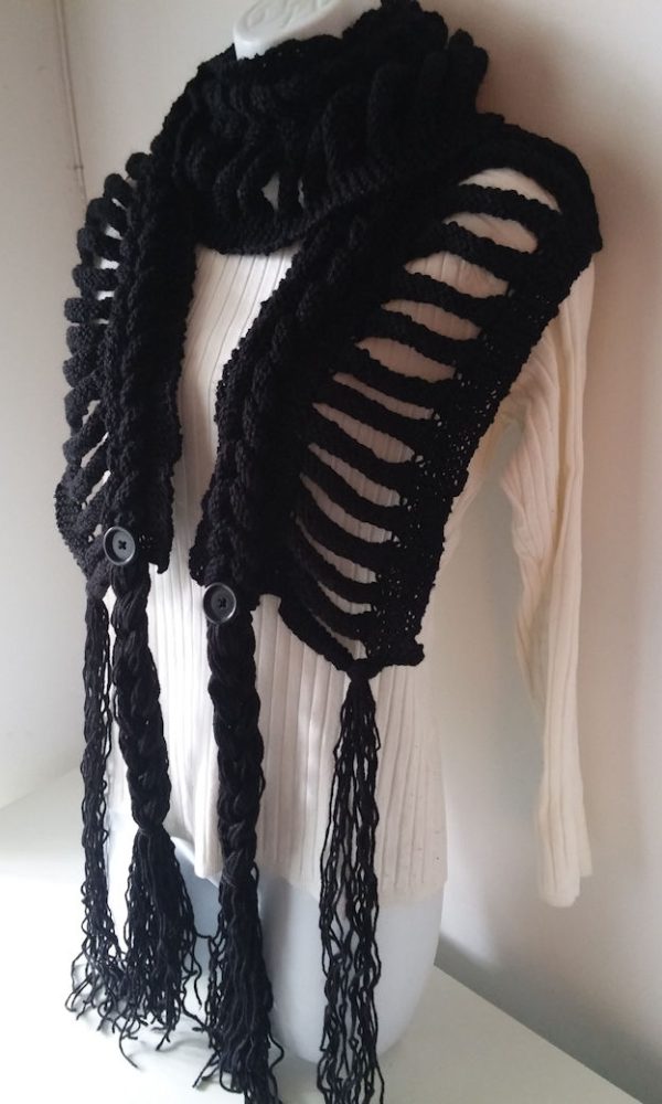 Handmade distressed braided knit scarf with fringes, black