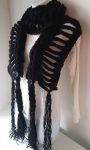 Handmade distressed braided knit scarf with fringes, black