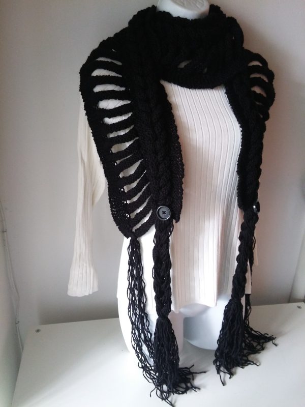 Handmade distressed braided knit scarf with fringes, black