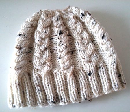 Cream Brown Aran Tweed Handknitted Messy Bun Hat Beanie Viscose