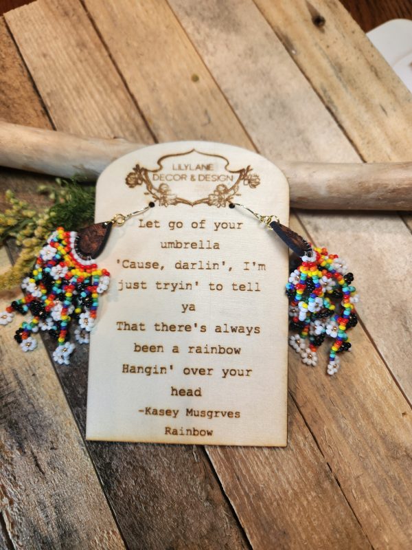 Rainbow Seed Bead Fringe Earrings with Engraved Wood Accent