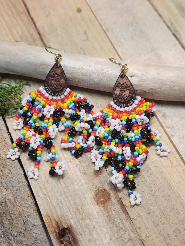 Rainbow Seed Bead Fringe Earrings with Engraved Wood Accent