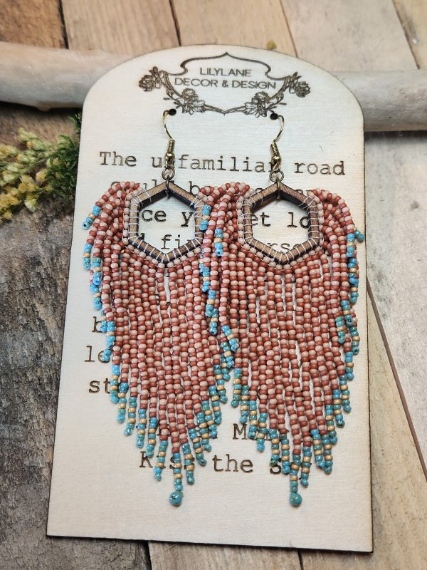 Beaded Hexagon Fringe Earrings with Turquoise Accents