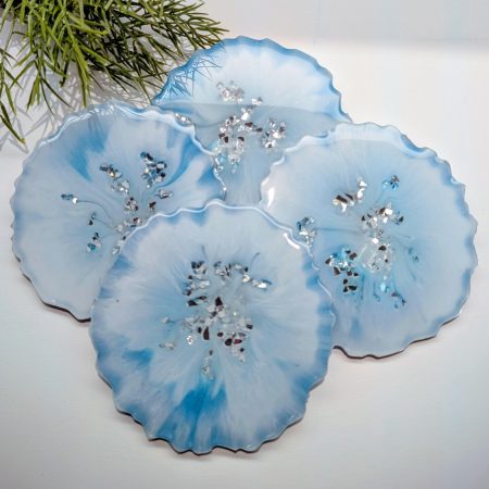Handcrafted Light Blue, White & Silver Geo Coasters - Unique & Shimmering Design (Set of 4)