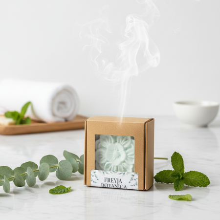 Boxed eucalyptus and mint shower steamer in a kraft paper package with a clear window, surrounded by fresh eucalyptus leaves and mint on a white marble surface, with soft steam rising in a spa-inspired setting.